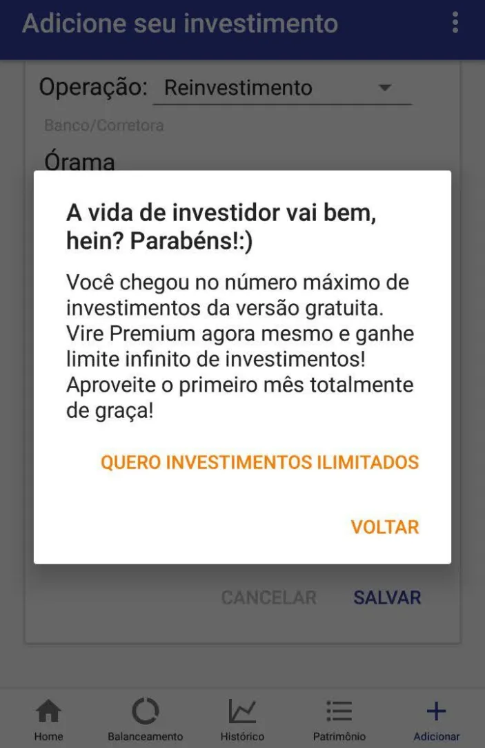 Tela que o usuário via ao tentar adicionar o décimo primeiro ativo.